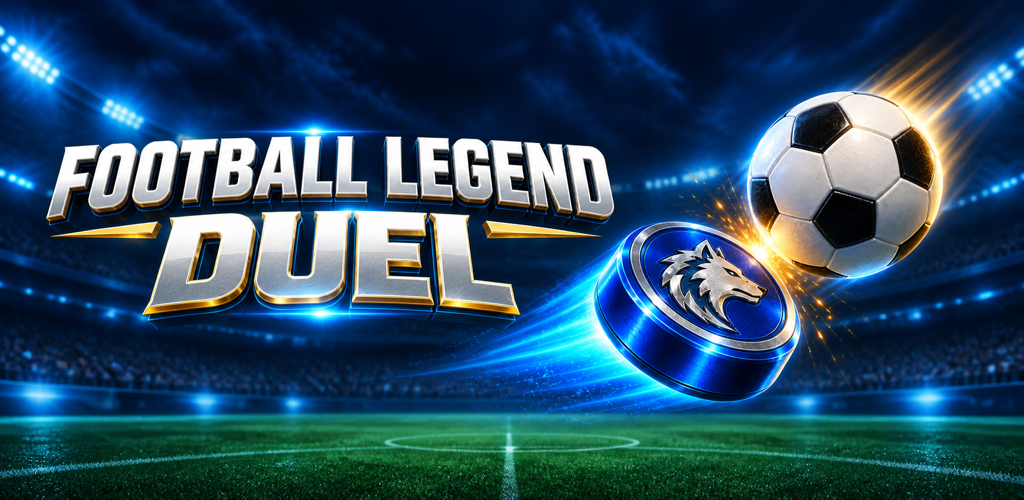 Football Legend Duel promotional artwork: a blue metallic striker and football under stadium floodlights